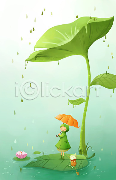 상상 사람 한명 PSD 일러스트 개구리 계절 나뭇잎 동물 백그라운드 비(날씨) 빗방울 사계절 서기 식물 여름(계절) 연두색 연못 연잎 우비 우산 전신 컬러