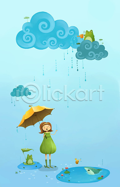 상상 사람 여자 여자만 여자한명만 한명 PSD 일러스트 개구리 계절 구름(자연) 동물 백그라운드 비(날씨) 빗방울 사계절 서기 여름(계절) 우산 전신 컬러 하늘색