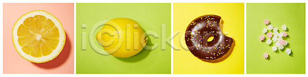 사람없음 JPG 포토 과일 단면 도넛 디저트 레몬 백그라운드 별사탕(사탕) 빵 세트 스튜디오촬영 실내 음식 컬러풀