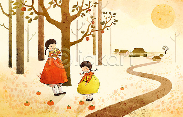 즐거움 두명 사람 여자 여자만 PSD 일러스트 가을배경 가을풍경 감 감나무 계절 과일 마을 명절 백그라운드 추석 한국전통 한복