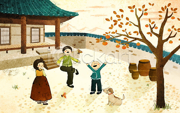 즐거움 남자 사람 세명 여자 PSD 일러스트 가을배경 가을풍경 계절 기와집 나무 명절 백그라운드 전통놀이 정원 제기차기 추석 한국전통 항아리