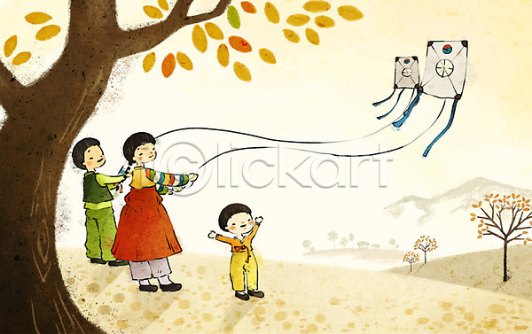 즐거움 남자 사람 세명 여자 PSD 일러스트 가을배경 가을풍경 계절 나무 명절 방패연 백그라운드 연날리기 전통놀이 추석 한국전통 한복