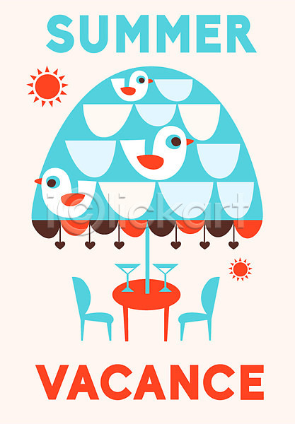 귀여움 사람없음 AI(파일형식) 일러스트 동물 백그라운드 북유럽 북유럽스타일 여름(계절) 의자 조류 칵테일 칵테일잔 탁자 태양 파라솔 풍경(경치)