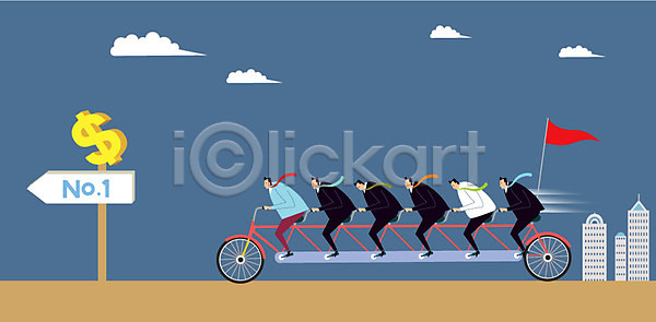 협력 남자 남자만 사람 여러명 AI(파일형식) 일러스트 깃발 달러 달리기 백그라운드 비즈니스 비즈니스맨 자전거 전신 정장 직장인 표지판