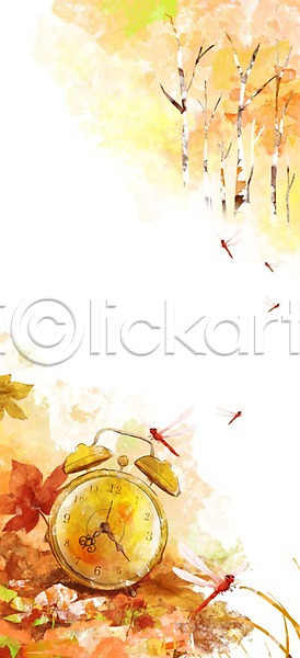 사람없음 PSD 일러스트 가을(계절) 가을풍경 계절 나뭇잎 단풍 시계 자명종 자연 잠자리 풍경(경치)