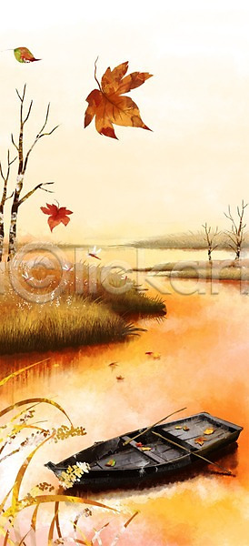 사람없음 PSD 일러스트 가을(계절) 가을풍경 강 계절 나룻배 낙엽 자연 초원(자연) 풍경(경치)