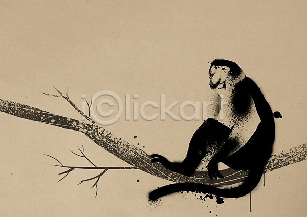 동물보호 사람없음 PSD 일러스트 나뭇가지 동물 먹 멸종동물 백그라운드 붓터치 원숭이 잉크 코주부원숭이 한마리