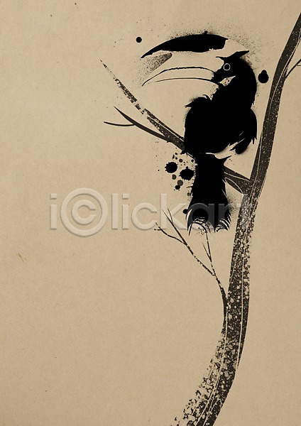 동물보호 사람없음 PSD 일러스트 나뭇가지 동물 먹 멸종동물 백그라운드 붓터치 잉크 조류 코뿔새 한마리