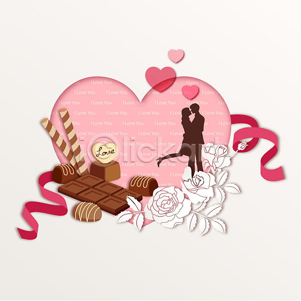 두명 AI(파일형식) 실루엣 일러스트 꽃 모양 발렌타인데이 백그라운드 종이 초콜릿 커플 페이퍼아트 하트