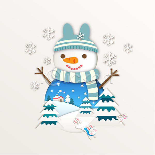 사람없음 AI(파일형식) 일러스트 겨울 겨울배경 계절 눈(날씨) 눈사람 모양 백그라운드 설원 종이 토끼 페이퍼아트