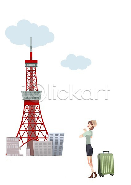 체험 사람 여자 여자만 여자한명만 한명 PSD 일러스트 건축물 관광지 도쿄타워 여행 여행객 일본 일본문화 일본여행 캐리어