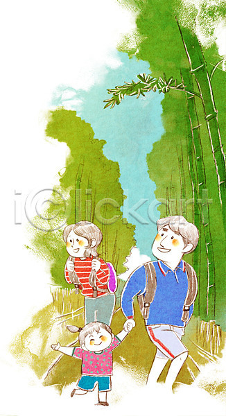 산책 즐거움 화목 남자 사람 세명 소녀(어린이) 어린이 여자 PSD 일러스트 가족 가족여행 대나무 대나무숲 딸 라이프스타일 아빠 엄마 여행