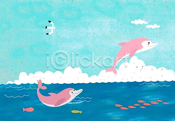 상상 사람없음 PSD 상상일러스트 일러스트 갈매기 구름(자연) 돌고래 동물 바다 백그라운드 어류 여러마리 하늘