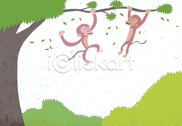 상상 사람없음 PSD 상상일러스트 일러스트 나무 나뭇가지 동물 두마리 백그라운드 원숭이