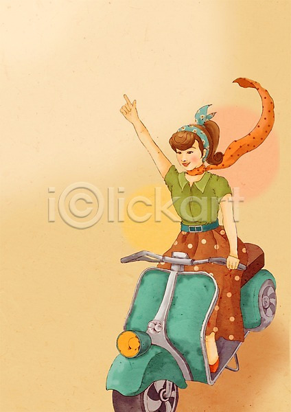 추억(회상) 사람 여자 여자만 여자한명만 한명 PSD 일러스트 목도리 물방울무늬 백그라운드 복고 손들기 오토바이 패션