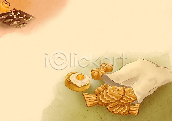 추억(회상) 사람없음 PSD 일러스트 계란빵 국화빵 백그라운드 복고 붕어빵 음식 종이봉투