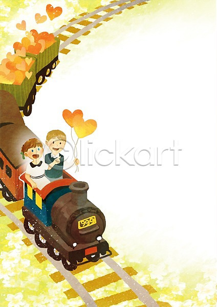 사랑 남자 두명 사람 어린이 어린이만 여자 PSD 일러스트 기차 기찻길 백그라운드 철도의날 커플 하트