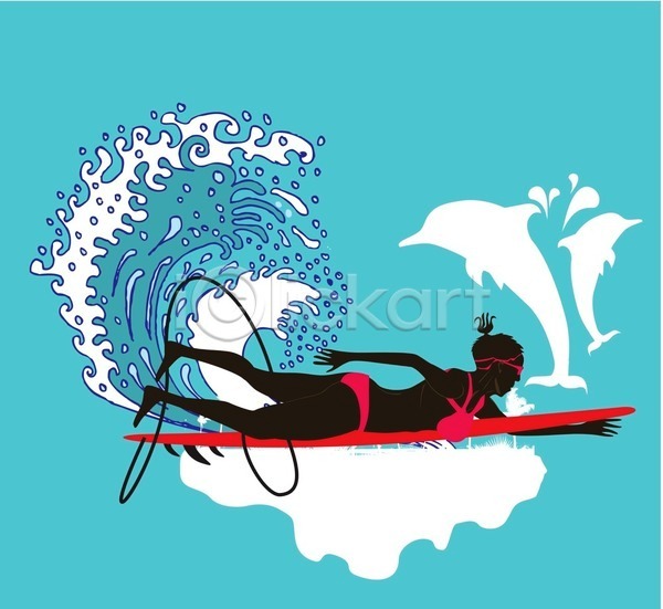 성인 성인여자한명만 여자 한명 EPS 일러스트 해외이미지 돌고래 서퍼 서핑 서핑보드 전신 파도 하늘색 해외202004