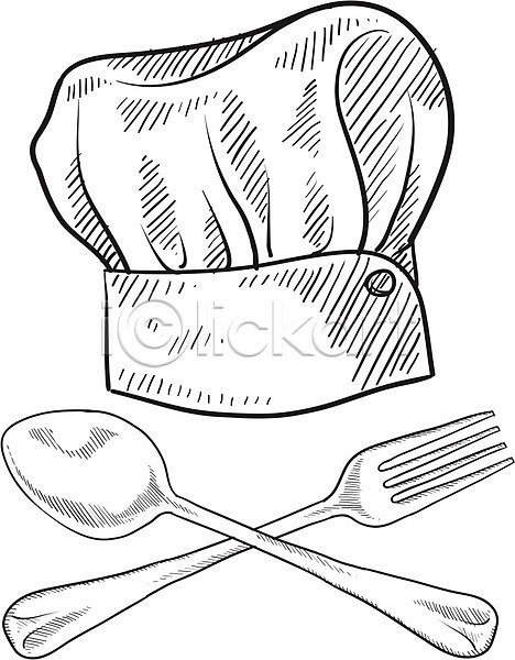 EPS 일러스트 해외이미지 S 고립 그림 기구 낙서 숟가락 스케치 식기 식당 식사 요리 요리사 위생관리 유니폼 은색 포크 해외202004 흰색