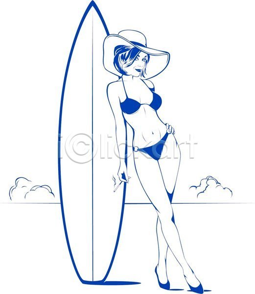성인 성인여자한명만 여자 한명 EPS 일러스트 해외이미지 담배 들기 비키니 서핑 서핑보드 여름(계절) 전신 파란색 포즈 해외202004