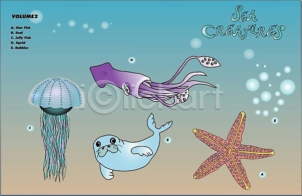 EPS 일러스트 해외이미지 갑각류 교육 동물 물개 바다 불가사리 생물 에코 오징어 자연 해외202004