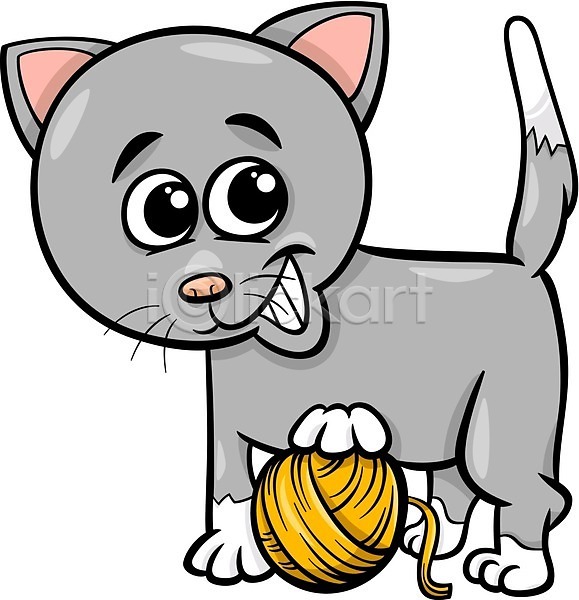 귀여움 사람없음 EPS 일러스트 해외이미지 고양이 만화 미소(표정) 실뭉치 잡기 회색