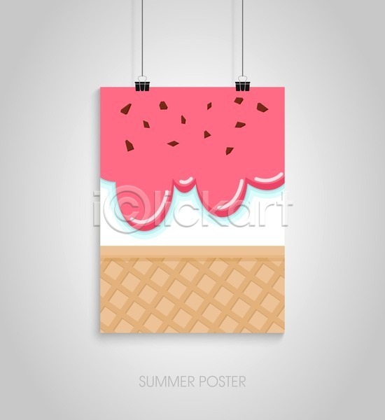 사람없음 EPS 일러스트 해외이미지 디자인 매달리기 베이지색 분홍색 서류집게 여름(계절) 콘아이스크림 포스터 해외202004