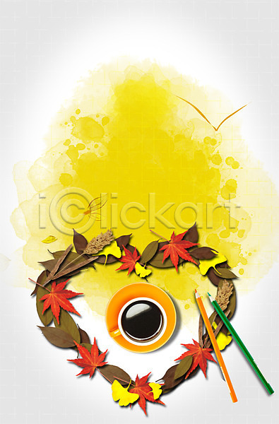 사람없음 PSD 편집이미지 가을(계절) 계절 나뭇잎 단풍 색연필 커피 편집 풍경(경치) 프레임 하트