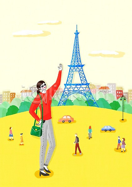 사람 성인 성인만 성인여자만 여자 여자만 여자한명만 한명 PSD 옆모습 일러스트 선글라스 싱글 에펠탑 여행 자동차 전신 파리(프랑스) 프랑스