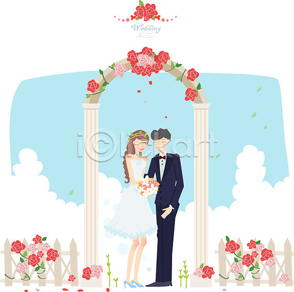 축하 행복 남자 두명 사람 여자 AI(파일형식) 일러스트 결혼 꽃 신랑 신부(웨딩) 울타리 웨딩드레스 장식 정장 턱시도