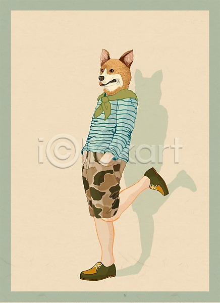 특별함 남자 남자만 남자한명만 사람 한명 PSD 일러스트 강아지 동물 서기 옷 웰시코기 의인화 전신 패션