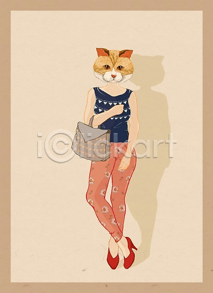 특별함 사람 여자 여자만 여자한명만 한명 PSD 일러스트 고양이 동물 서기 옷 의인화 전신 패션