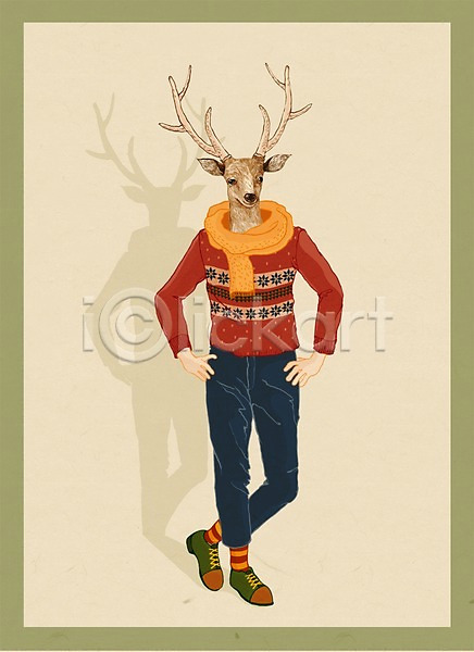 특별함 남자 남자만 남자한명만 사람 한명 PSD 일러스트 동물 목도리 사슴 서기 옷 의인화 전신 패션
