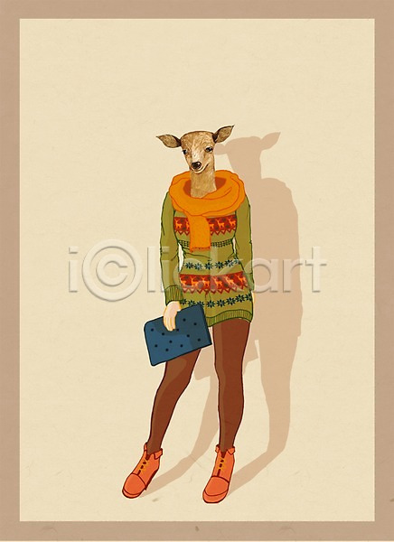 특별함 사람 여자 여자만 여자한명만 한명 PSD 일러스트 동물 목도리 사슴 서기 옷 의인화 전신 패션 핸드백