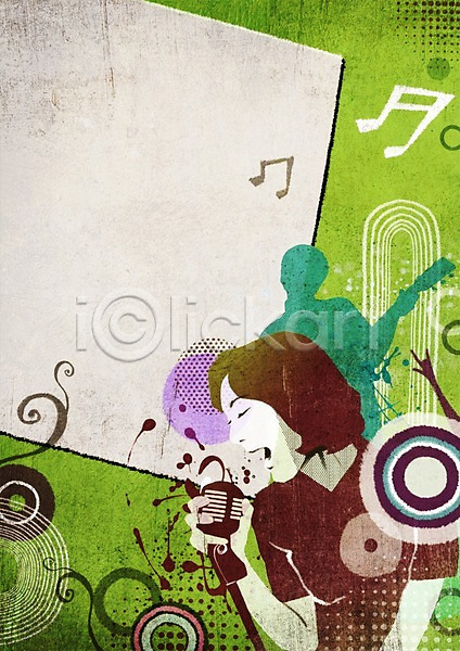 남자 두명 사람 성인 성인만 여자 PSD 실루엣 일러스트 기타 노래 마이크 물방울무늬 백그라운드 상반신 연주 원형 음악 음표 팝아트 프레임