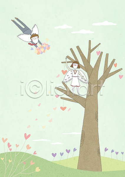 사랑 남자 두명 사람 여자 PSD 일러스트 나무 백그라운드 천사 커플 하트