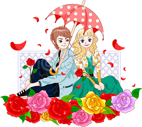 기쁨 만족 사랑 즐거움 함께함 행복 남자 두명 사람 여자 AI(파일형식) 일러스트 기념일 꽃 데이이벤트 로즈데이 식물 야외 우산 음악감상 이어폰 장미 주간 커플