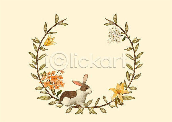 사람없음 PSD 일러스트 꽃 꽃프레임 동물 모양 백그라운드 식물 원형 토끼 프레임 한마리