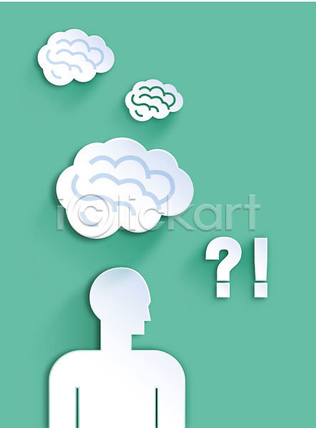 사람 한명 AI(파일형식) 실루엣 아이콘 플랫아이콘 뇌 느낌표 물음표 백그라운드 생각 초록색 컬러 페이퍼아트 플랫
