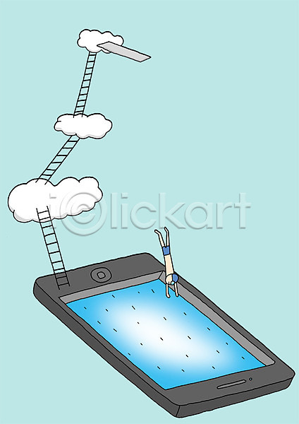 상상 사람 한명 PSD 상상일러스트 일러스트 구름(자연) 다이빙 사다리 수영복 수영장 스마트폰 전신