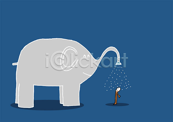 상상 사람 한명 PSD 상상일러스트 일러스트 그림자 동물 목욕 물줄기 샤워기 서기 전신 코끼리