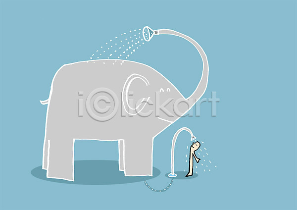 상상 사람 한명 PSD 상상일러스트 일러스트 그림자 동물 목욕 물 샤워기 서기 씻기 전신 코끼리 한마리
