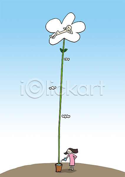 상상 남자 두명 사람 여자 PSD 상상일러스트 일러스트 구름(자연) 꽃 나뭇잎 눕기 물 물뿌리개 서기 식물 전신 하늘 화분