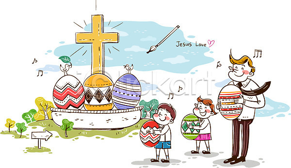 행복 남자 사람 세명 어린이 어린이만 여자 AI(파일형식) 일러스트 계란 기독교 들기 백그라운드 부활절 서기 십자가 전신