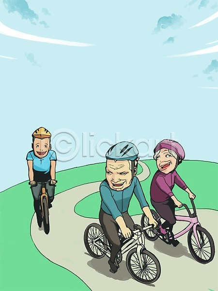 노인복지 남자 노년 노인만 사람 성인만 세명 여자 PSD 일러스트 라이프스타일 실버라이프 운동 자전거 헬멧
