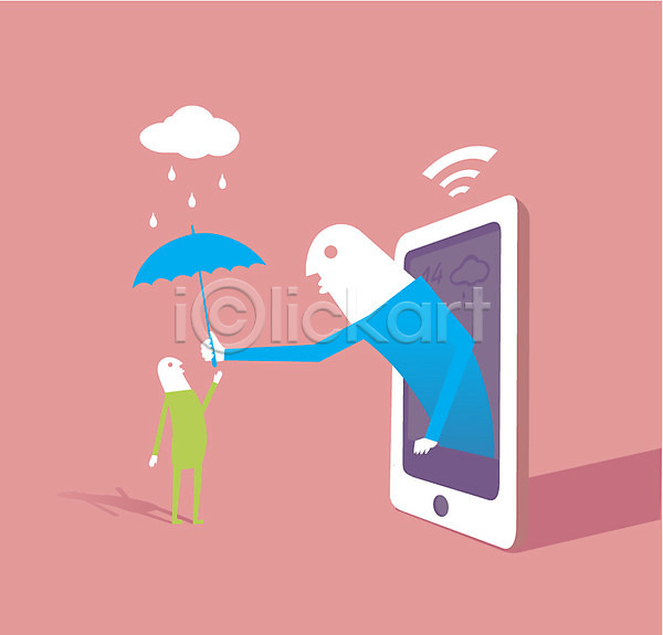 스마트 두명 사람 AI(파일형식) 일러스트 구름(자연) 날씨 비(날씨) 스마트기기 우산 일기예보 정보통신 통신 핸드폰