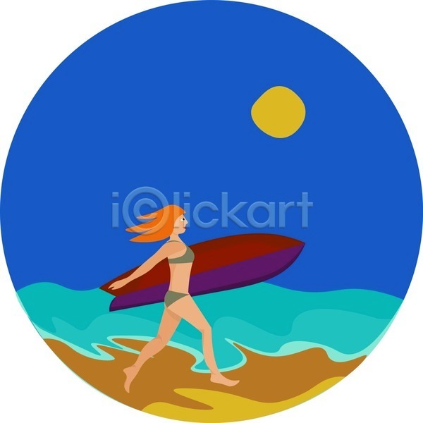 성인 성인여자한명만 여자 한명 EPS 일러스트 해외이미지 달리기 들기 서핑 서핑보드 여름(계절) 자연 전신 파도 파란색 해외202004