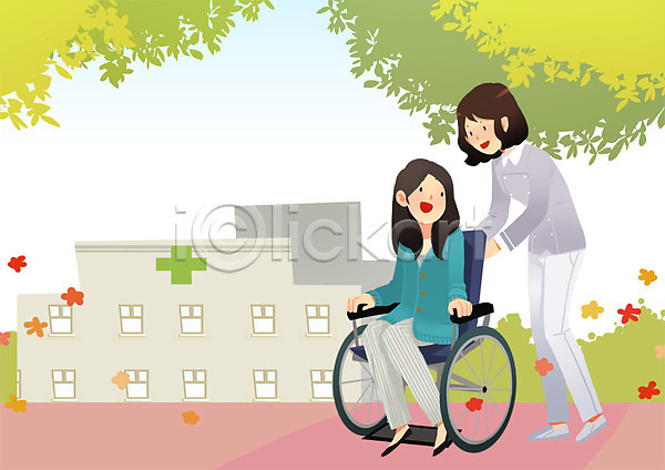산책 두명 사람 여자 여자만 PSD 일러스트 간호 간호사 건강관리 건물 병원 치료 휠체어