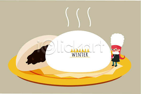 사람 여자 여자만 여자한명만 한명 AI(파일형식) 일러스트 겨울 겨울배경 디저트 모자(잡화) 백그라운드 빵 접시 풍경(경치) 호빵