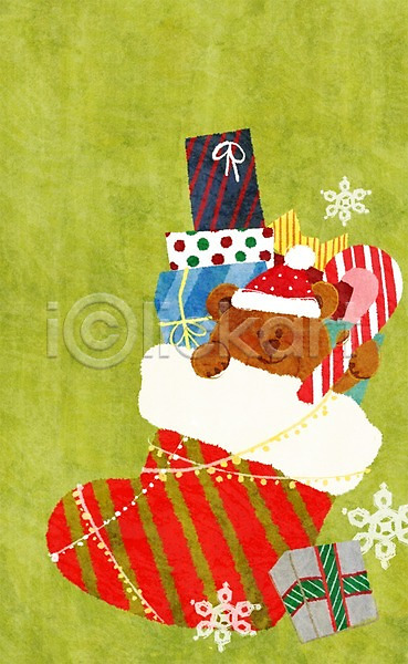 사람없음 PSD 일러스트 겨울 곰 곰인형 눈(날씨) 동물 모자(잡화) 선물 선물상자 양말 지팡이 크리스마스
